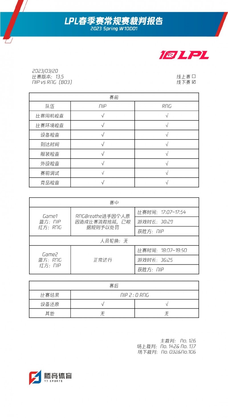 LPL春季赛裁判报告：Breathe造成比赛流程拖延被处罚