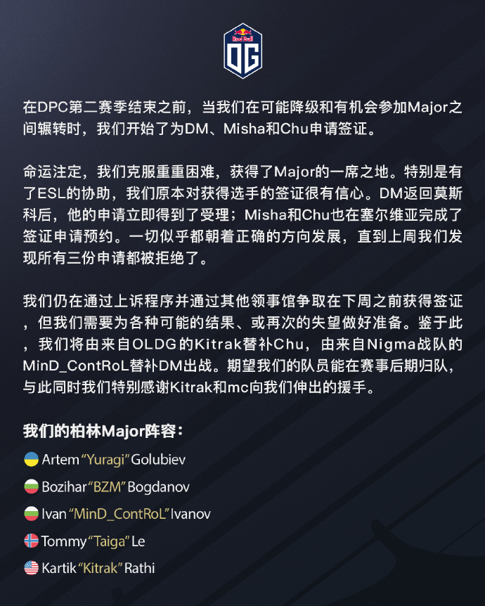 OG官方：Misha和Chu签证受阻 Kitrak、MinD_ContRoL替补出战Major