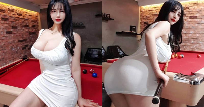 【BTC365币投】巨乳豐臀正妹「彎腰打撞球」，貼身爆乳洋裝快走光，對手根本無法專心啊！