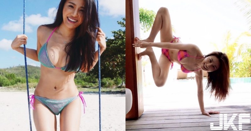【BTC365币投】這是哪一招！「陽光比基尼妹」原來筋超開，沙灘曬乳還要邊爬牆！